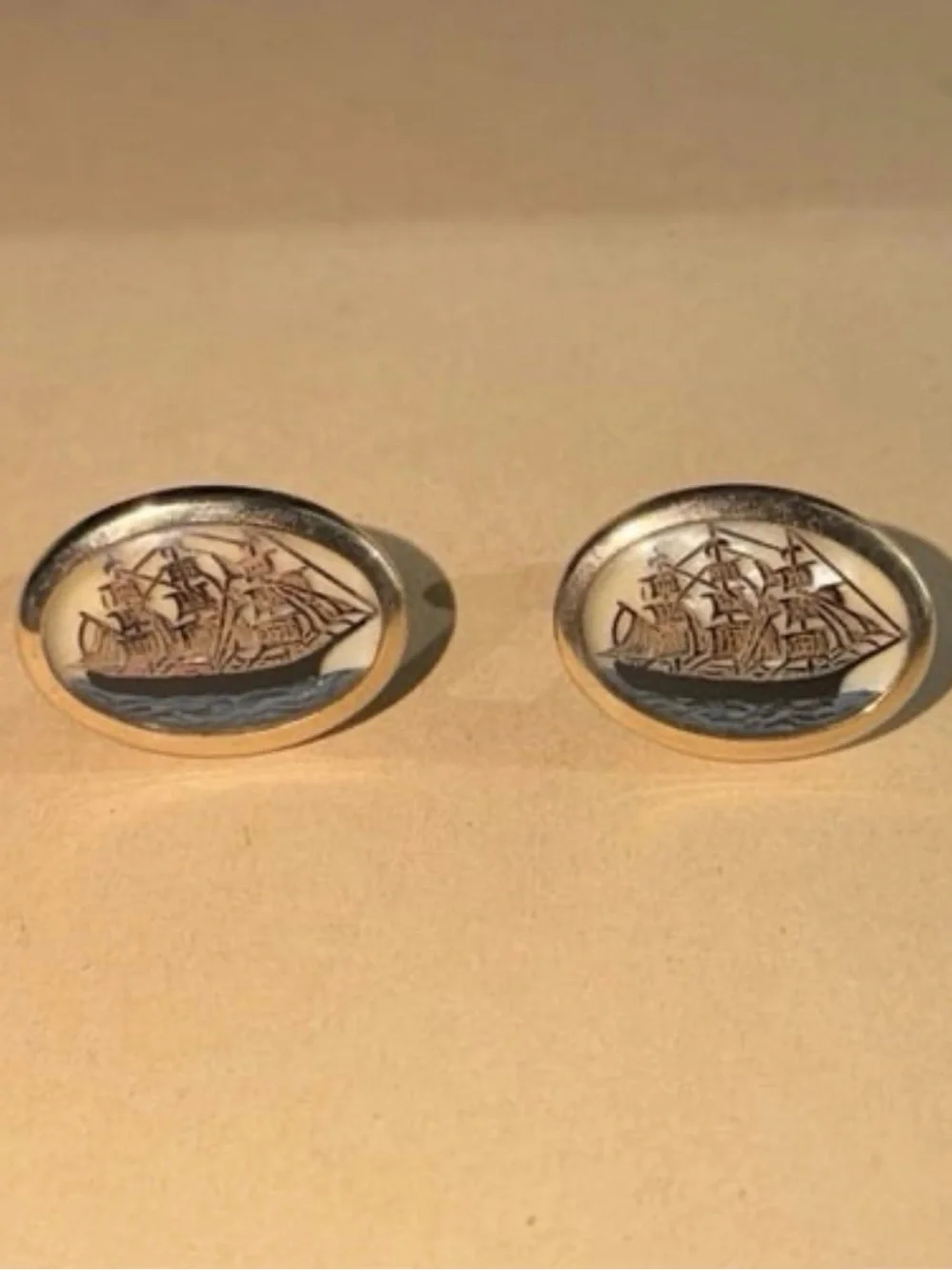 Vintage Clipper Ship Oval Gold Tone Cufflinks